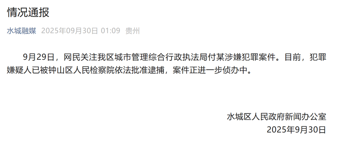 贵州六盘水凌晨通报：城管局付某涉嫌犯罪<strong></p>
<p>USDT交易所</strong>，已被批捕